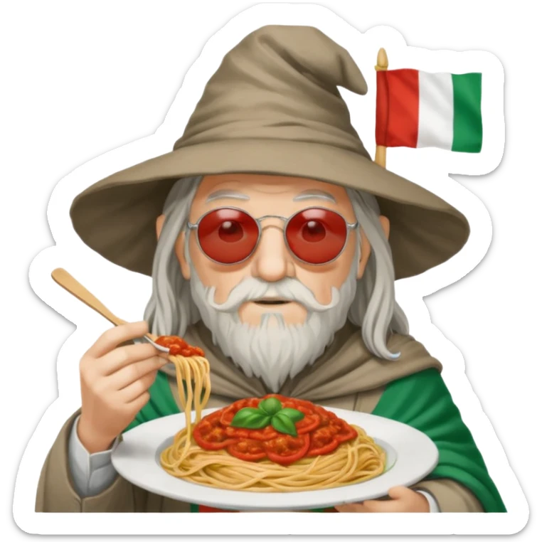 Gandalf with sunglasses, eating spaghetti and wearing Italian colors with an Italian flag somewhere sticker