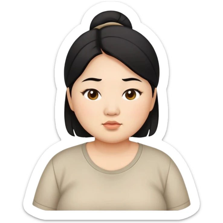 chubby asian waman round eyebrow medium black hair casual shirt sticker