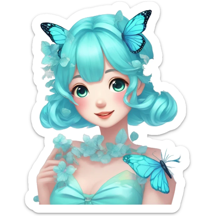 Gorgeous Shiny Pastel cyan Anime-Style Lady Butterflies flower petals leaves cottagecore fairycore pastelcore kawaii aesthetic trending style sticker