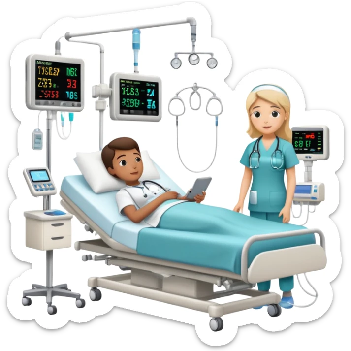 Hospital sleep laboratory room with patient in hospital bed connected to sleep monitoring equipment, nurse checking vitals, medical charts, and hospital IV stand sticker