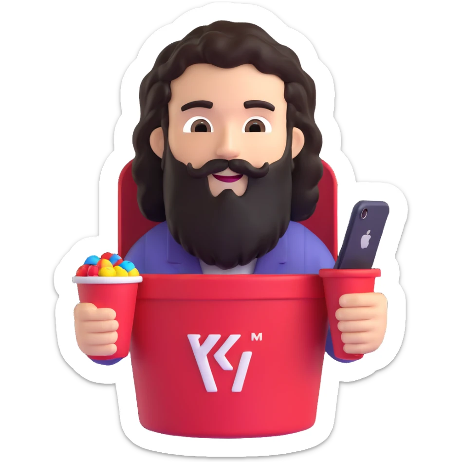 KFC bucket with a green M&M character sitting inside it, the M&M has a black beard, curly hair, and is holding an iPhone sticker