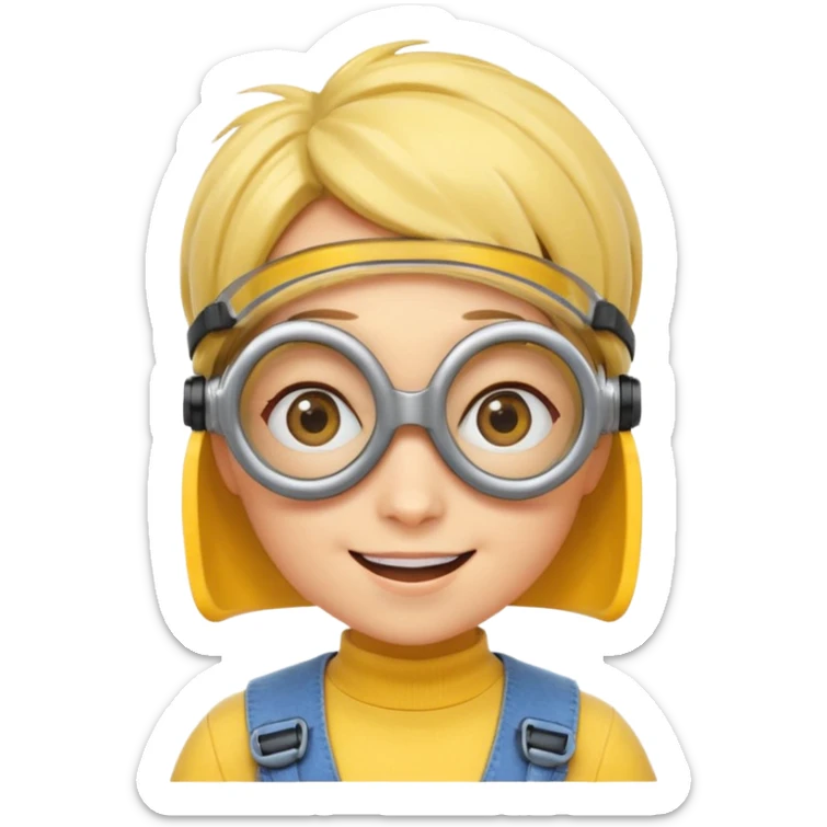 Minion emoji with a round head like normal emojis and a smurk like this emoji but a minion so basically that emoji with the goggles and the hair and not a funny head shape 😏 it should look like an actual minion not a human with African braids and a female minion  make them feminine  sticker