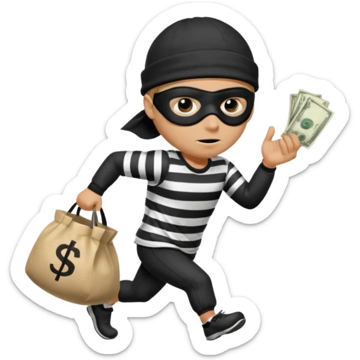 running robber wears black eye mask, black beanies and black and white stibes shirt with one brown money bag beside him sticker