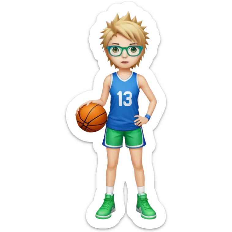 Full Body white Girl with basketball spikeyshort brown hair with blond highlights wearing blue glasses with green eyes sticker