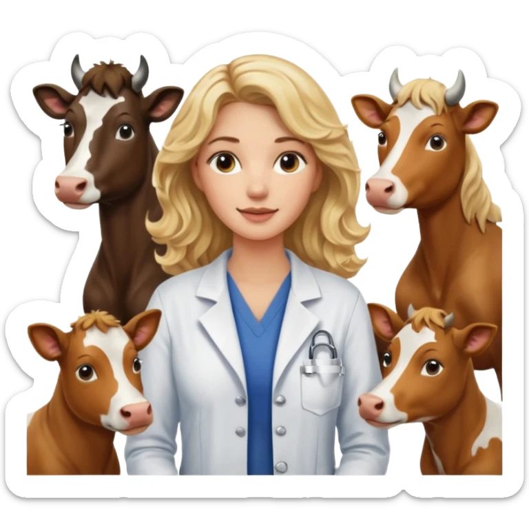 Joven mujer, de cabello bajo los hombros rubio con ondas, veterinaria de perros, vacas y caballos sticker