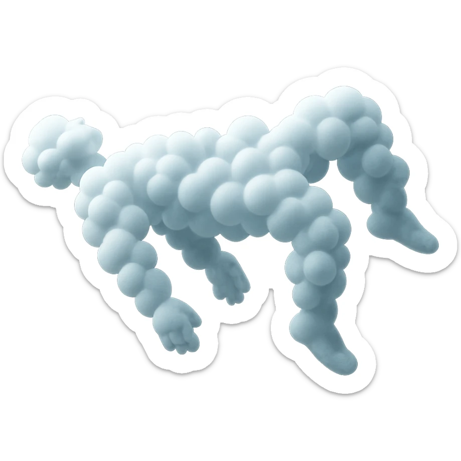 side view unconscious person flying with torso upwards, legs and arms downwards, made of small very bright white fluffy convex clouds, matte glass style sticker