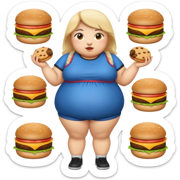 n create a humongous asian girl with 2 burgers and a cookie in her mouth, she is super obese, please make her a full body emoji sticker