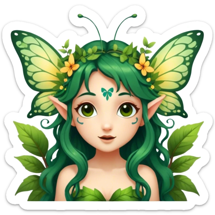 Cinematic Realistic Forest Nymph Fairy portrait, with butterfly wings and head tilted playfully and inquisitively, showcasing a nature-inspired form with intricately detailed, sunlit tanned skin and cascading dark green hair interlaced with leaves and blossoms. Her bright, curious eyes sparkle with forest mischief, rendered with lifelike clarity and warm, dappled lighting that captures the spirit of an enchanting woodland fairy ready to dance among the trees. sticker