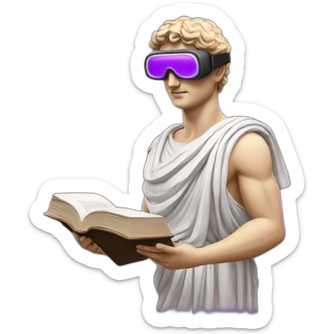 an EMOJI OF A ancient young greek statue reading a book, wearing VR glasses, purple colors, DIGITAL UNIVERSE sticker