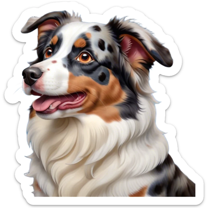 Cinematic Cute Yawning Calico Australian Shepherd Portrait Emoji, Head tilted slightly with a dramatic, wide-open yawn, predominantly white coat with vibrant black, tan, and red calico merle patches, floppy ears slightly drooping, round blue eyes barely open in drowsy contentment, Simplified yet irresistibly adorable features, highly detailed, glowing with a soft, cozy glow, high shine, relaxed yet expressive, stylized with a touch of whimsy, bright and endearing, soft glowing outline, capturing the essence of a sleepy yet affectionate pup, so drowsy it feels like it could stretch right out of the screen and curl up for a nap! sticker