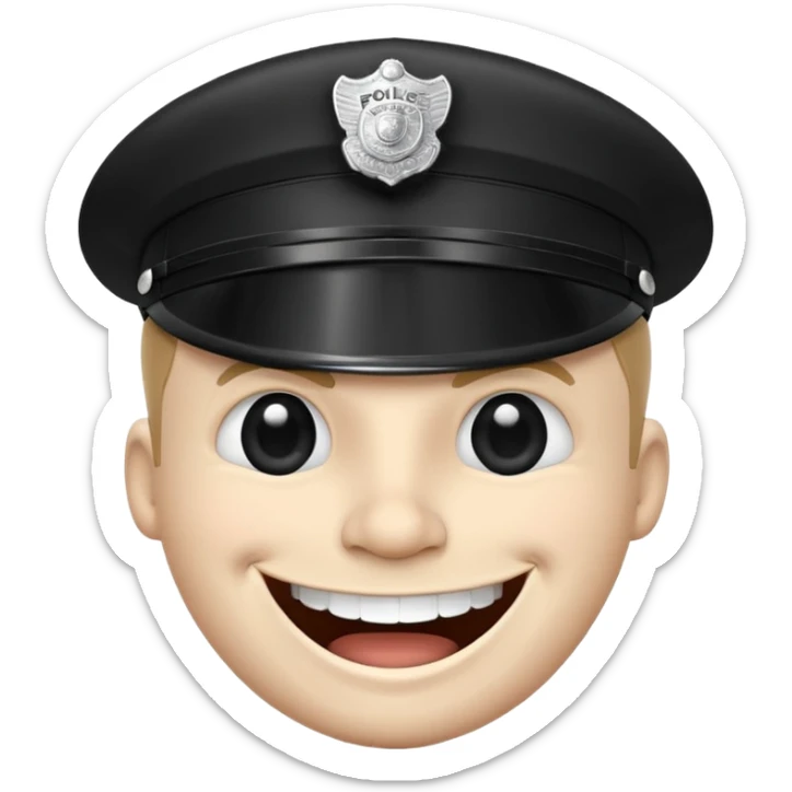 Black-and-white line drawing of a cartoon face with a round head, large round eyes, and a wide toothy grin showing a big happy smile. He is a police officer stopping you. Plain white background, simple and playful style. sticker