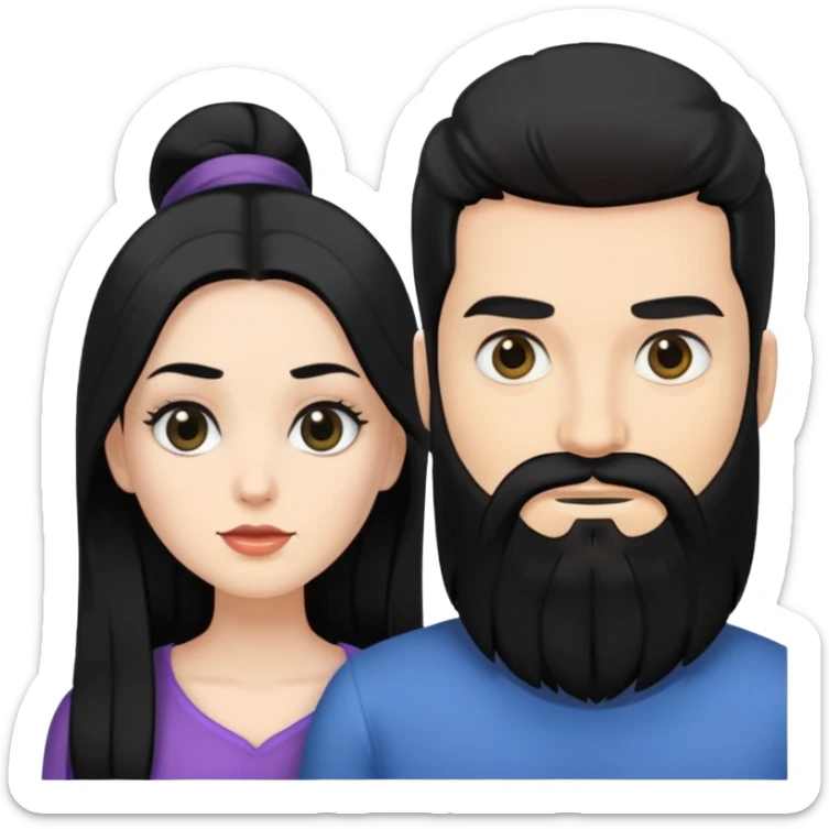 couple of newlyweds, white skin man with black hair and black beard; white skin woman with long black hair and black eyes sticker