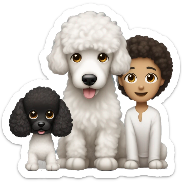 A family consisting of 1 white man with dark brown hair and sharply trimmed facial hair, 1 white woman with long black hair and one toy poodle with brown hair and another toy poodle puppy with black hair, heads only sticker