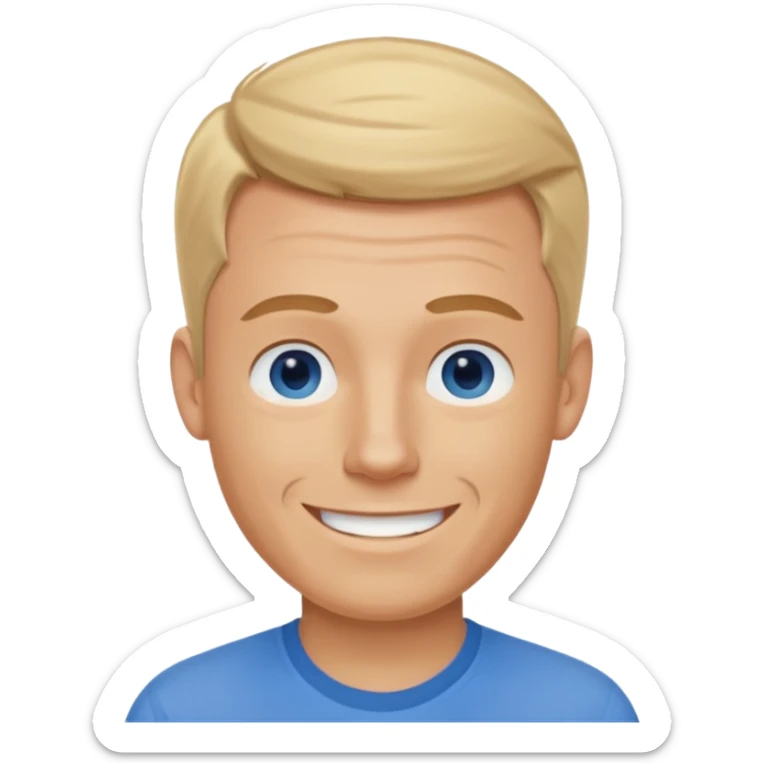 White man, blue shirt, blue eyes, 30s, smiling no teeth, buzzed sandy blond hair  sticker