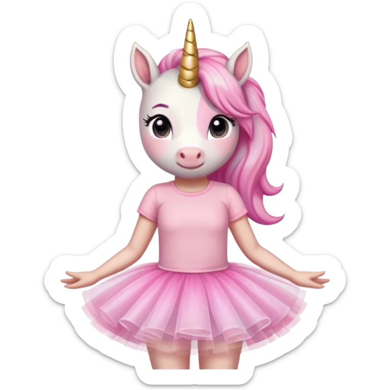 head and shoulders portrait of an anthropomorphised female unicorn in tutu and pink t-shirt, standard pose sticker