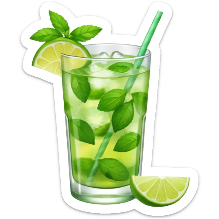 Make a mojito in she style of an emoji in a small glas with only one lime on top and one lime in the glas, not too much mint sticker
