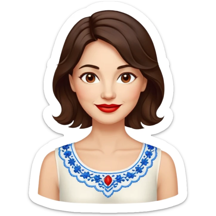 Confident 40-year-old woman with healthy glowing skin, round cheeks, warm smile, expressive light brown eyes, red lipstick, wavy dark brown shoulder-length hair, summery white top with blue embroidery and electric blue neckline sticker