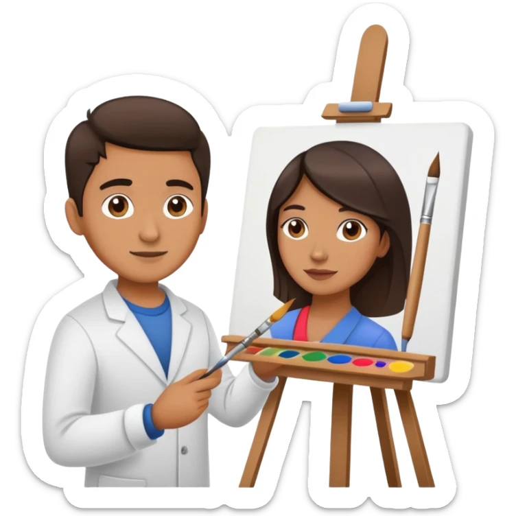 Artist with a paintbrush in front of an easel with a painting sticker