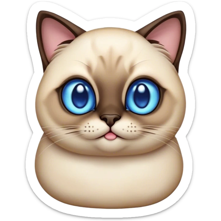 Cinematic Cute Chubby Siamese Cat Portrait Emoji, Round and plump body, soft cream-colored fur with rich dark points on the ears, face, paws, and tail, big, sparkling sapphire-blue eyes, Simplified yet irresistibly adorable features, highly detailed, glowing with a warm, cozy glow, high shine, curious yet calm, stylized with a touch of whimsy, bright and endearing, soft glowing outline, capturing the essence of a mischievous yet lazy and loveable kitty, so cuddly it feels like it could waddle right out of the screen for a snuggle! sticker
