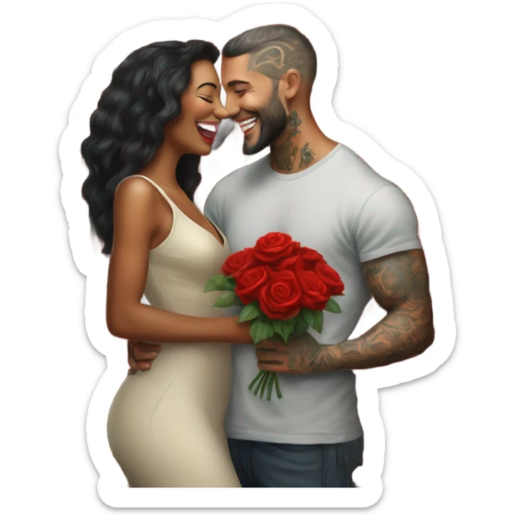 Hyper Realistic beautiful woman smells bouquet of bright red roses laughing with handsome tattooed man  sticker