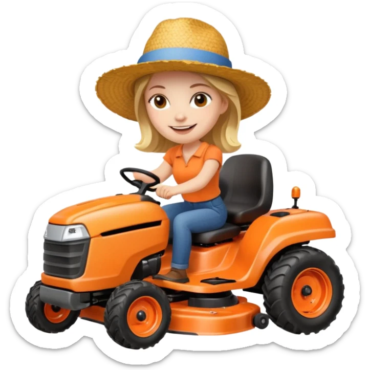 White woman without glasses wearing a straw hat, on orange ride on lawn mower.  sticker