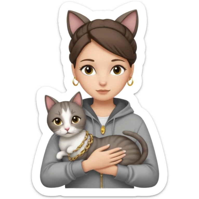a white girl with brunette hair in a one single bun holding a grey cat. the girl has long lashes and has on a grey zip up that is half way zipped and has a hood and under a white shirt and gold jewelry that is gold bracelets. sticker
