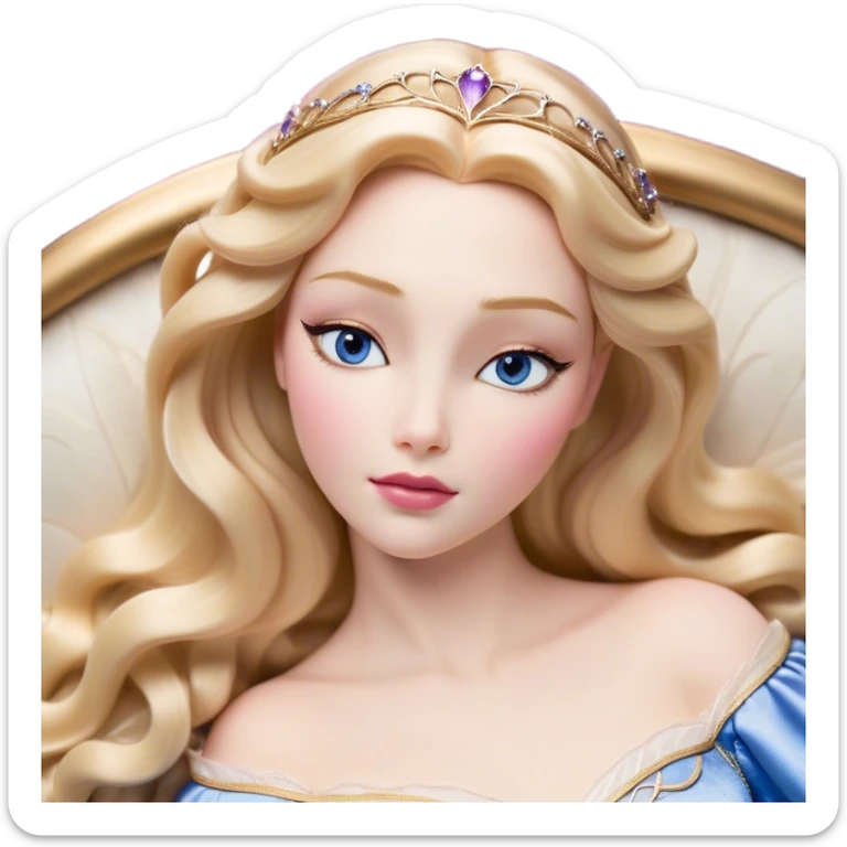 Cinematic Realistic Sleeping Beauty (Aurora) Portrait, with porcelain-like skin featuring a natural rosy flush, illuminated by soft lighting that highlights the gentle contours of her face. Her golden blonde hair flows in soft, detailed waves with subtle highlights that shimmer in the light. Her deep violet-blue eyes radiate warmth and innocence, framed by arched brows and long lashes. Her serene expression exudes quiet elegance. She is dressed in her classic pink gown, the fabric rich in texture with delicate folds that catch the light. A golden crown rests atop her head, gleaming with royal refinement. The portrait captures a soft, glowing aura, blending realism with an ethereal sense of beauty and timeless enchantment. sticker