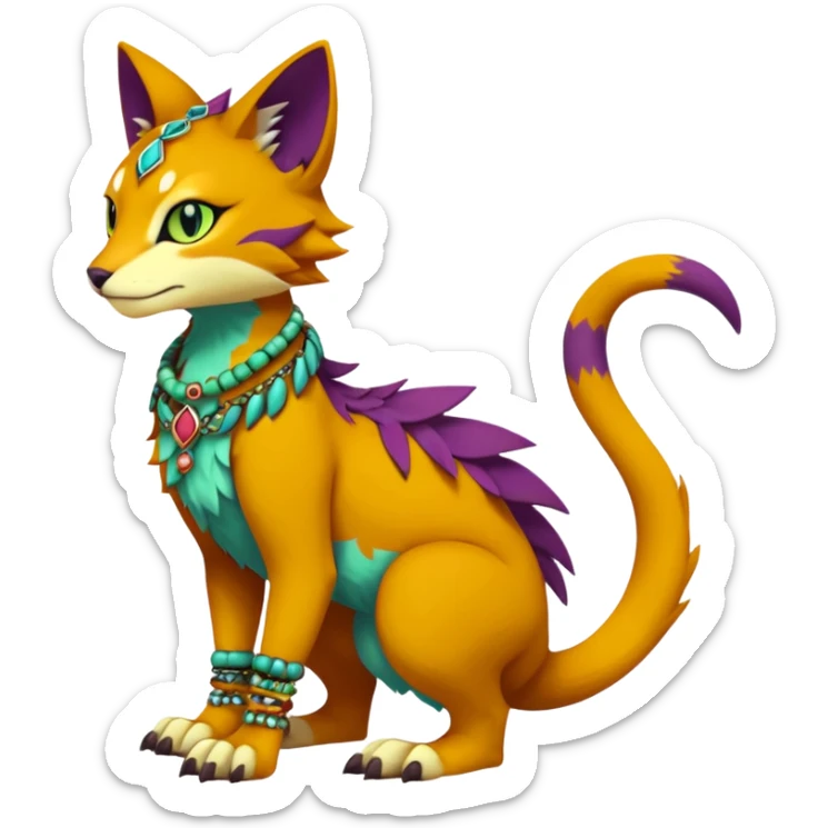 Kawaii cute reddish orangish yellowish greenish purplish exotic tribal beautiful pretty elegant divine edgy feline-vernid-sergal-Fakémon-Pokémon-Digimon-fursona-animal-creature with bracelet, necklace, full body, with intricate detailed markings sticker