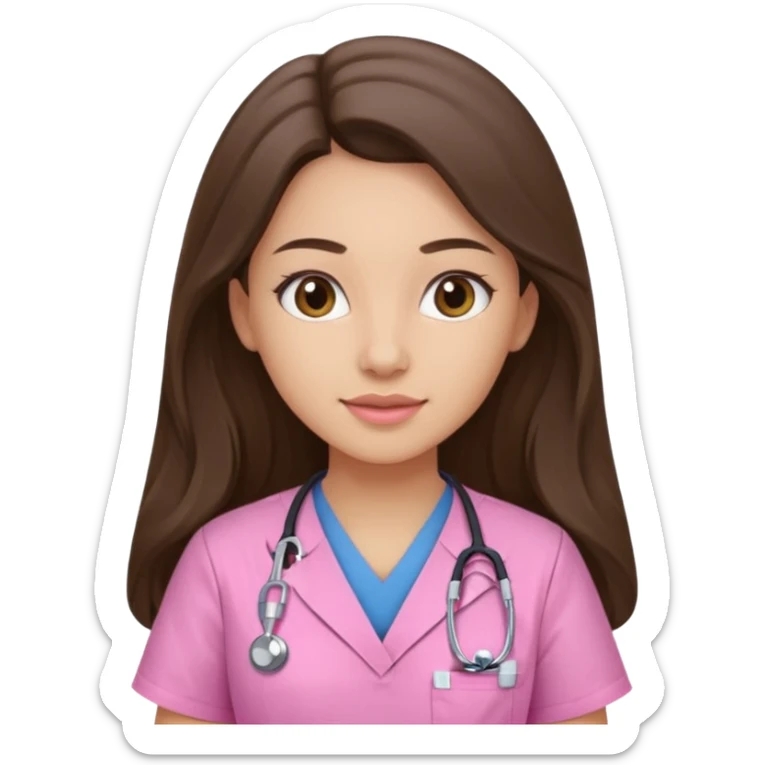 pretty brunette nurse with long hair in pink scrubs sticker