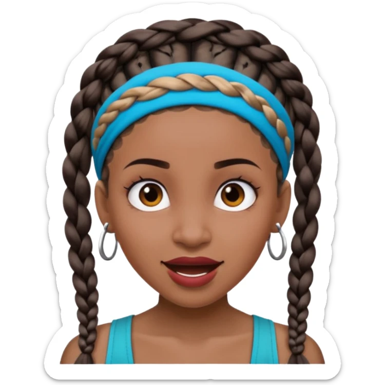 big lose braids starting from the top of the head woman face wiith big visible braids and mono color headband on head excited face and braids as big as headband and lots and lots of face tattoos sticker
