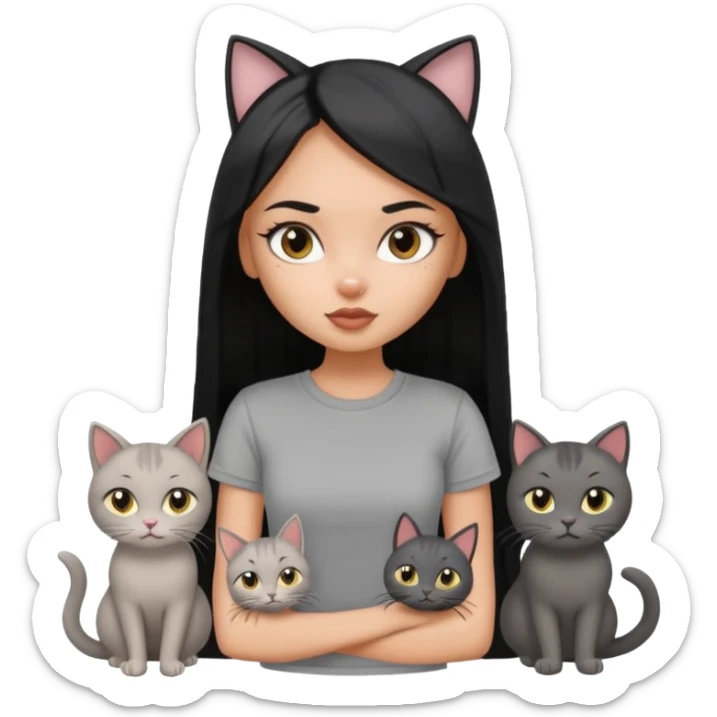 a pretty bratz dusky girl with long straight hair with four cats nd wearing a grey tshirt sticker