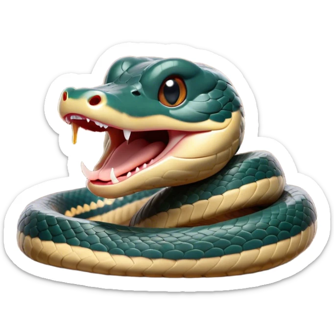 Cinematic Cute Yawning Chinese Water Snake Portrait Emoji, Head tilted slightly with a dramatic, wide-open yawn, showcasing a soft, glossy scaled body with gently drooping edges and half-closed, drowsy eyes, Simplified yet irresistibly adorable features, highly detailed, glowing with a soft, cozy aquatic glow, high shine, relaxed yet expressive, stylized with a dash of waterborn charm, soft glowing outline, capturing the essence of a sleepy yet affectionate water snake that seems ready to stretch out and rest in its watery domain! sticker
