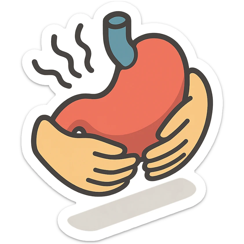 close-up of a painful stomach, only stomach and hands holding it, waves showing pain, detailed shadows and highlights, no face or legs, transparent background sticker