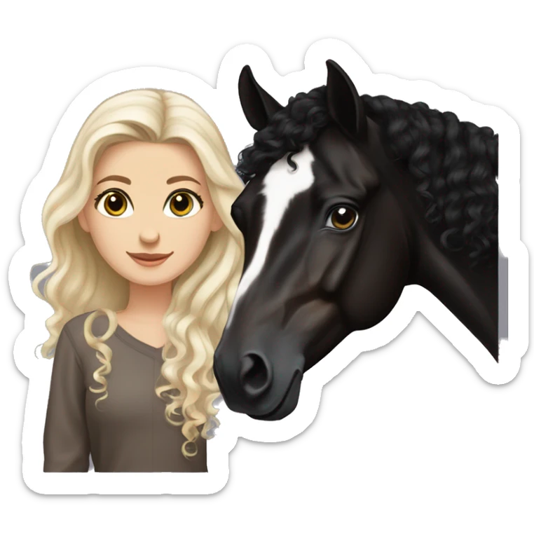 White girl, long black curly hair, beautiful hazel eyes, next to a black Arabian horse sticker