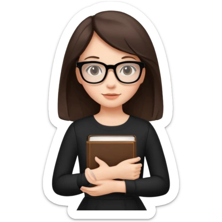 a cute brunette girl in a black dress wearing glasses  with two hands  sticker