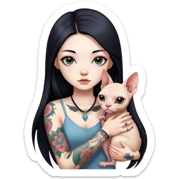 a Chinese girl with long black  straight hair and tattoos and little Sphynx sticker