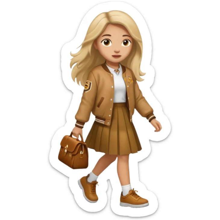 black color, light skin  long hair girl with brown varsity jacket and long skirt walking  sticker