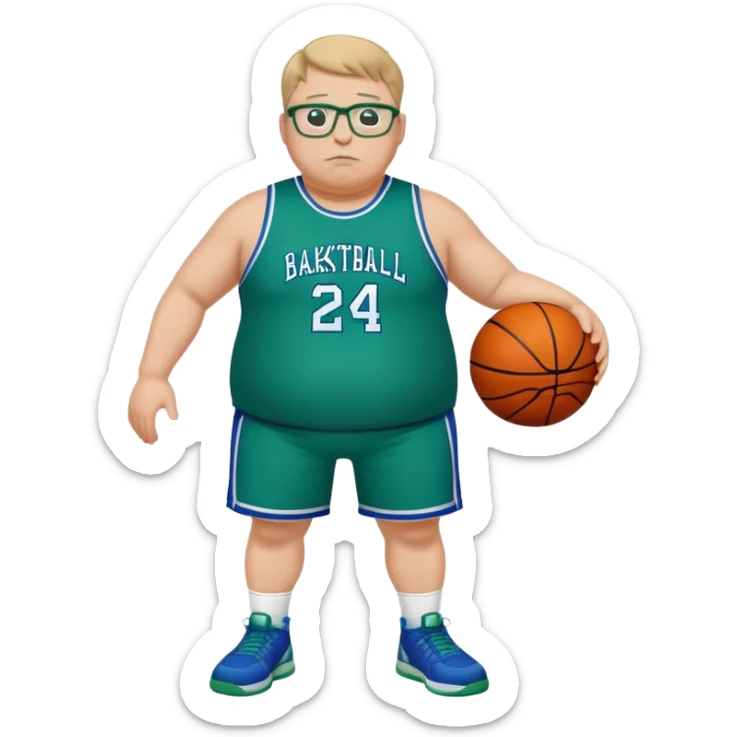 full body overweight tall white male basketball wearing glasses in blue an green uniform sticker