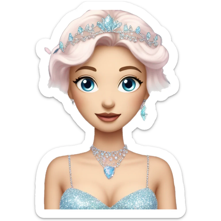 Gorgeous pastel Lady with blue eyes in a sparkly shiny dress with tiara and necklace and flowers aesthetical and trending  sticker