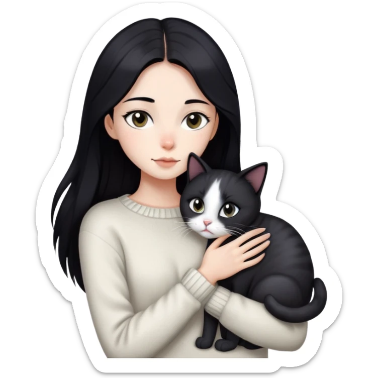 Beautiful skinny woman long dark black hair in sweater hug black white cat sticker