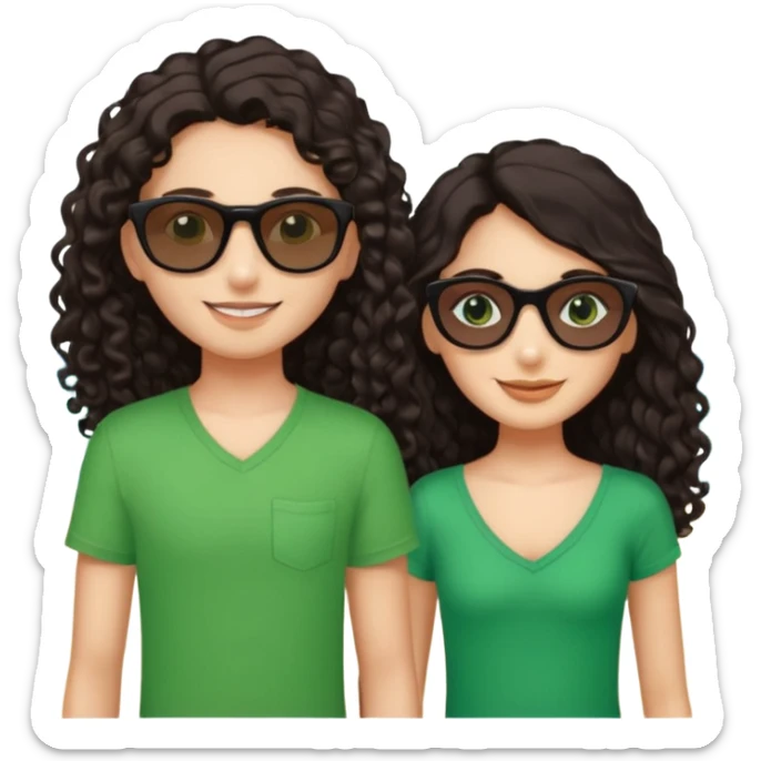 Two besties on the beach, black sunglasses, 1: long ironed straight darkbrown hair, green eyes, 2: long curly darkbrown hair, brown eyes  sticker