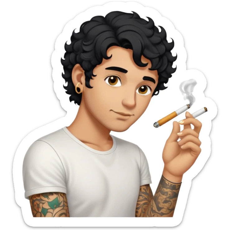 Italian guy with tanned skin, curly black hair in a short bob and stubble, with a gold earring in his left ear, wearing a white T-shirt, with a tattoo on his forearm, smoking a cigarette sticker