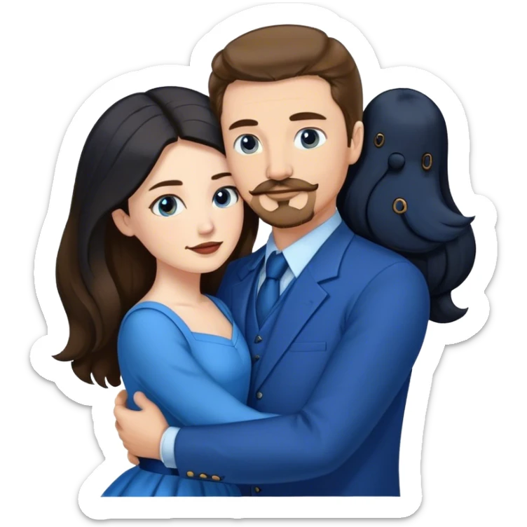 tall white man with brown hair goatee mustache hugging a pale woman with long black hair, wearing blue formal clothing sticker