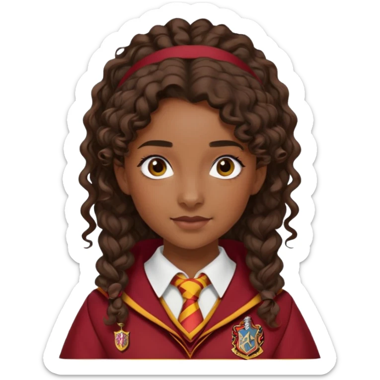 Alicia Spinnet in harry potter, wear hogwarts gryfindor uniform, long, dark, curly or wavy, ponytail hair, dark skin sticker