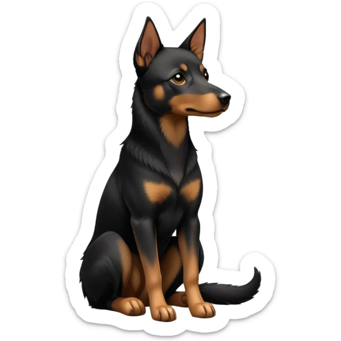 cinematic-[australian kelpie]-realistic-full-body-sitting-emoji,-tail-resting-loosely-beside-its-paws,-head-tilted-dramatically, -sleek-[Black and tan]-fur,-simplified-yet-realistic-focused-features,-highly-detailed,-glowing-with-an-almost-sarcastic-glow sticker