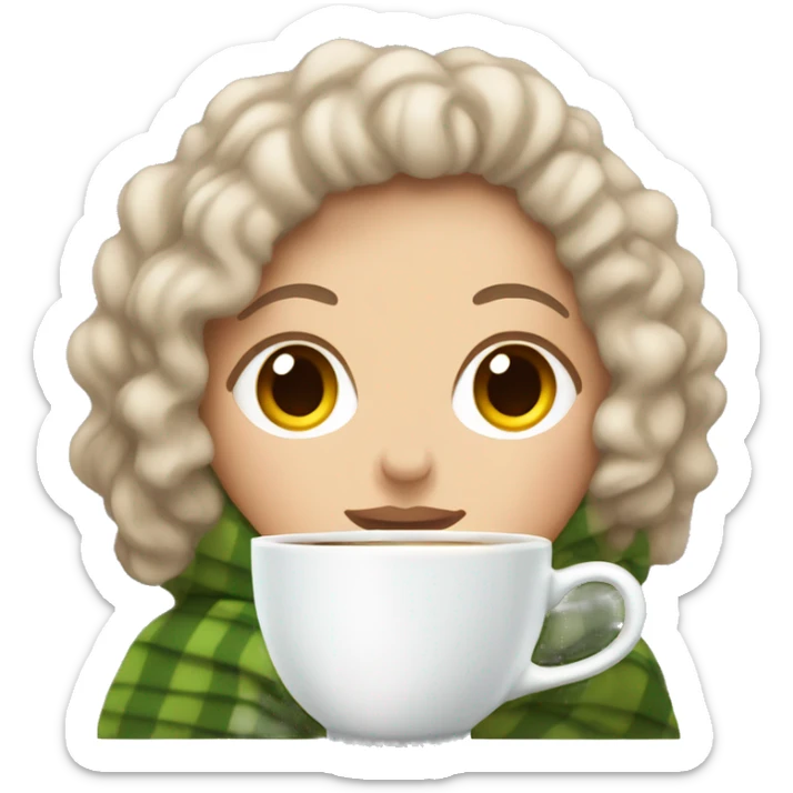 a White girl with curly hair wrapped in a blanket with a cup of tea sticker