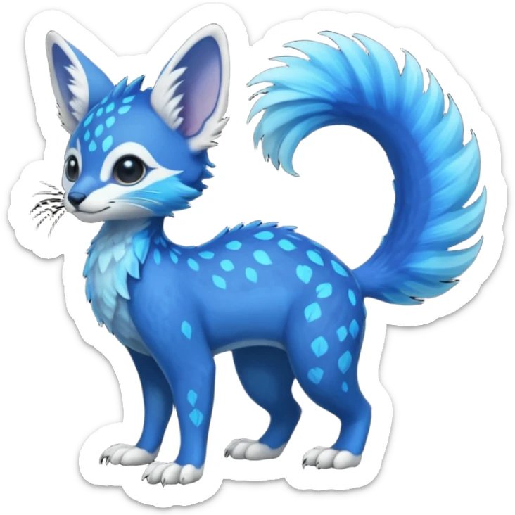 Feral Rare Fantasy vibrant tropical cobalt-blue and cyan Vernid-Trico-species-creature by LiLaiRa, random markings, tufted tail, tufted ears, full body sticker