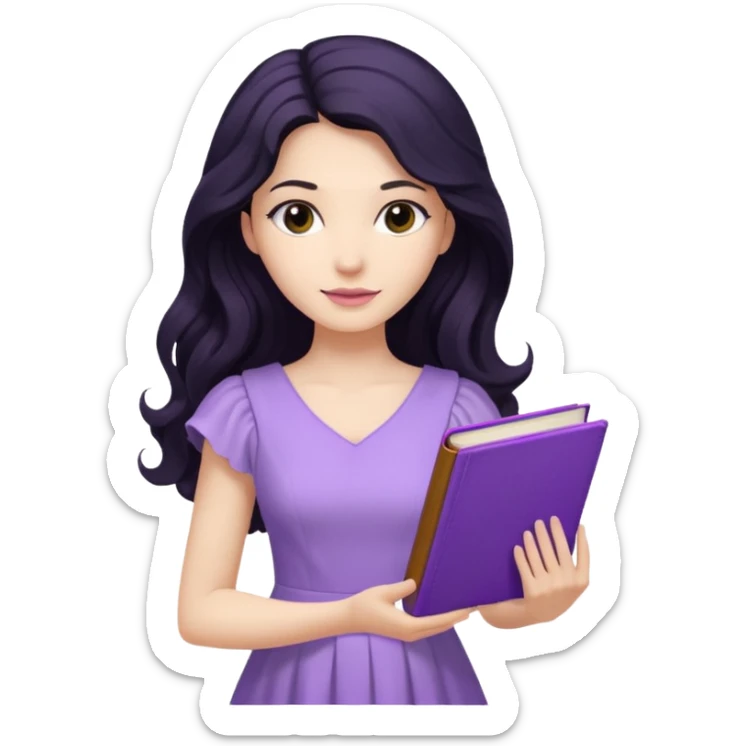 Long Hair Women with purple Book, Black wavy hair, light dress sticker
