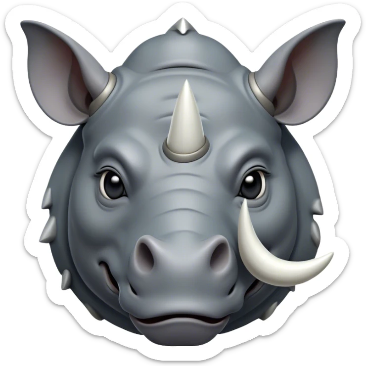 Cinematic Noble Rhinoceros Portrait Emoji, Poised and regal, with a massive, powerful build and a thick, armored hide of slate gray, accented by a prominent, striking white horn, deep-set soulful piercing eyes, Simplified yet sharp and sophisticated features, highly detailed, glowing with a soft, dignified glow, high shine, intelligent and formidable, stylized with an air of ancient might, focused and attentive, soft glowing outline, capturing the essence of a watchful and commanding behemoth, so majestic it feels as though it could charge out of the screen with effortless authority! sticker