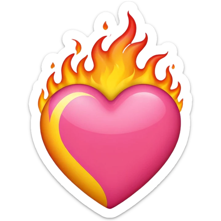 red-orange, yellow and bubblegum pink flaming heart, iPhone emoji style, transparent background, glossy effect sticker